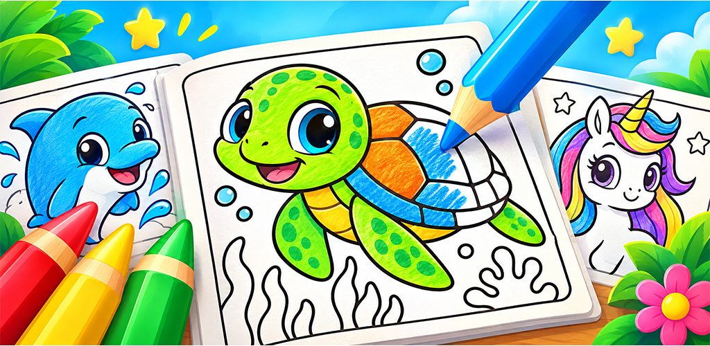 Kids Coloring Book key art: a half-colored turtle in an open coloring book beside crayons.