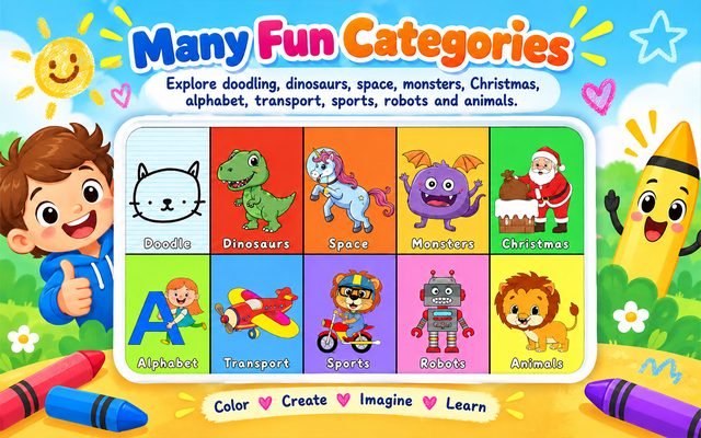 The category picker: doodle, dinosaurs, space, monsters, Christmas, alphabet, transport, sports, robots and animals.