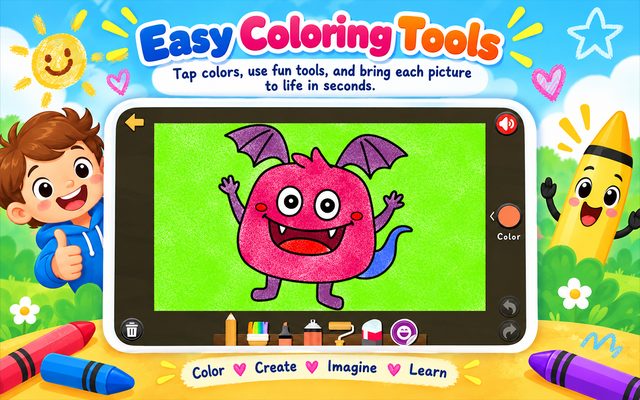 A monster being colored, with the tool tray of pencil, crayon, marker, spray can, eraser and stickers along the bottom.