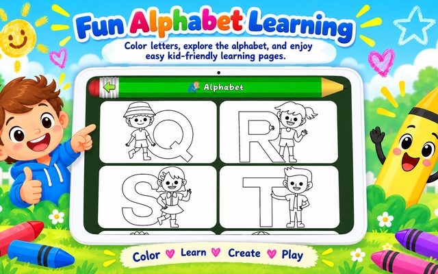 Alphabet pages showing Q, R, S and T, each letter drawn with a child beside it, waiting to be colored.