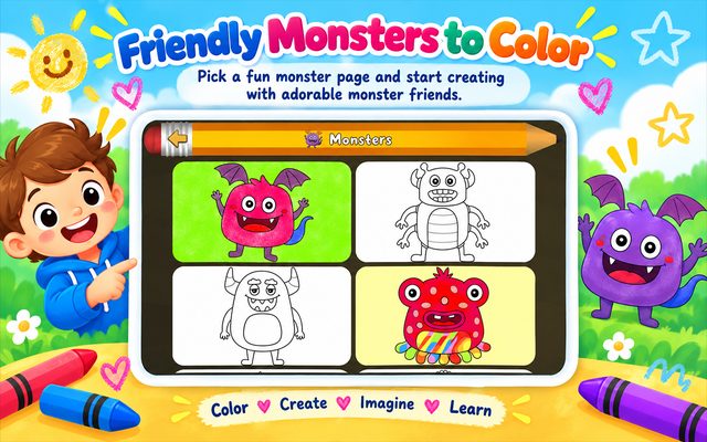 The monsters pack, showing finished and blank pages side by side.