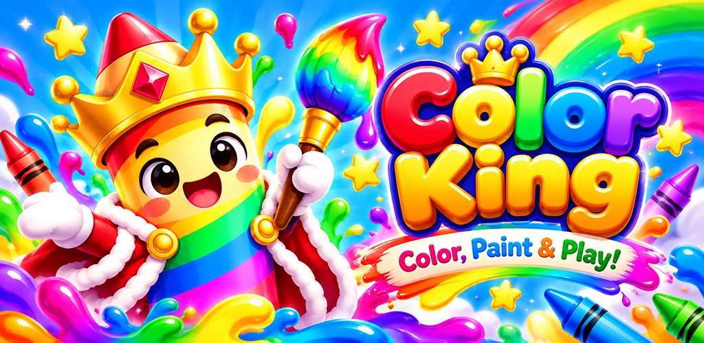 Color King key art: a smiling rainbow crayon in a crown and royal cape, holding a dripping paintbrush beside the words Color, Paint & Play.