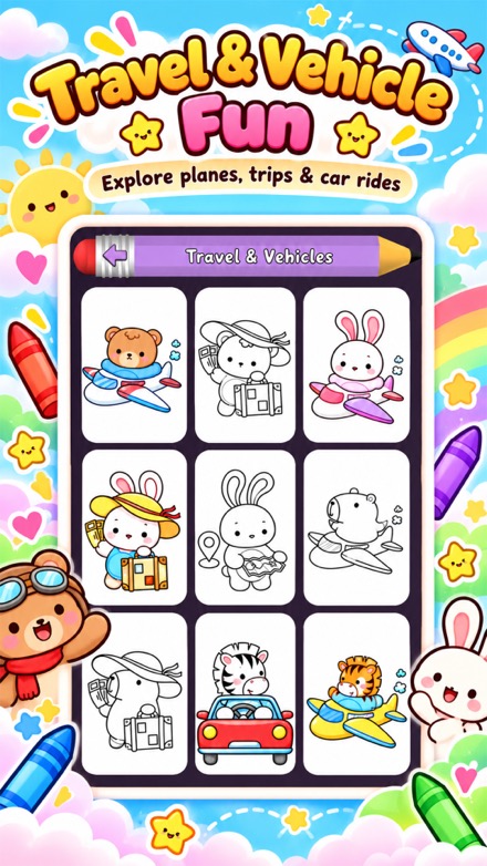 The Travel & Vehicles theme: a grid of bears, bunnies and a tiger in planes and cars, some colored and some still in outline.