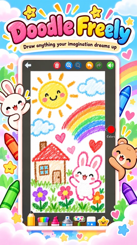 Doodle Freely: a crayon doodle of a smiling sun, a rainbow, clouds, hearts, a house, flowers and a waving bunny, drawn on a blank page.