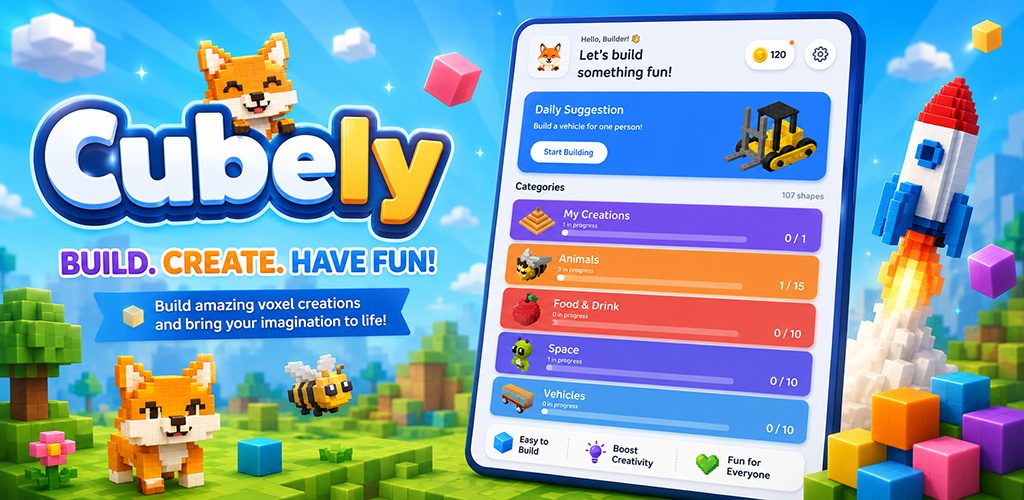 Cubely key art: a voxel fox, tree and rocket around the words Build. Create. Have fun.