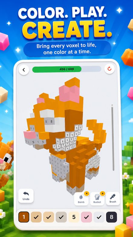 Coloring a voxel fox by number, 456 of 689 cubes filled.