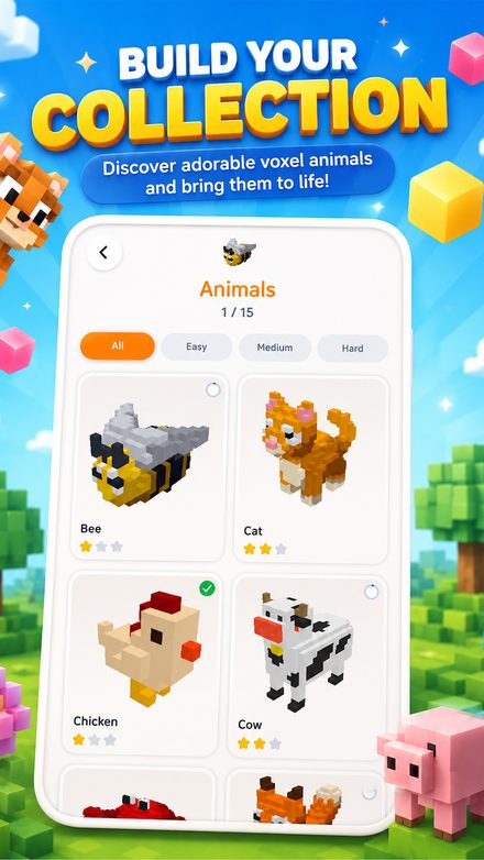 The animals collection: bee, cat, chicken and cow, each with a difficulty rating.