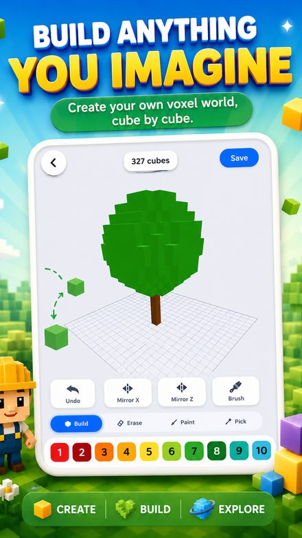 Free build mode: a voxel tree of 327 cubes on an open grid.