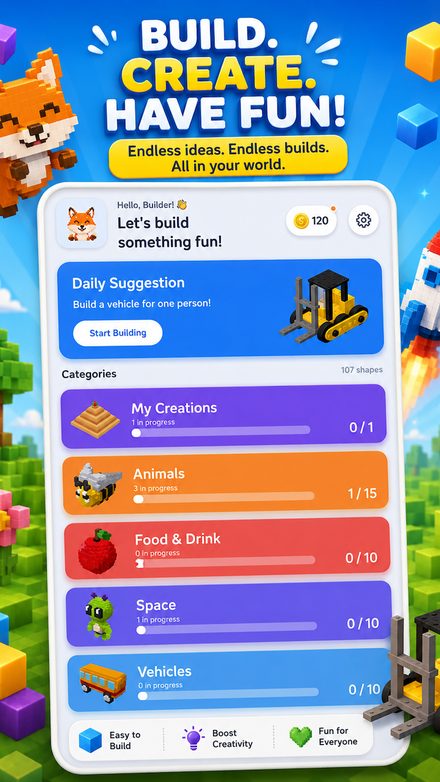 The Cubely home screen showing a daily suggestion and shape categories.