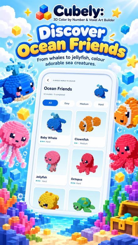 The Ocean Friends collection: baby whale, clownfish, jellyfish and octopus, each rated Easy, Medium or Hard.