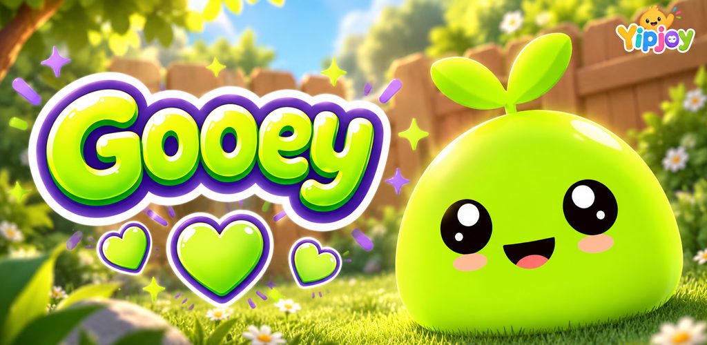 Gooey key art: a smiling green blob with a sprout on its head in a sunny garden.