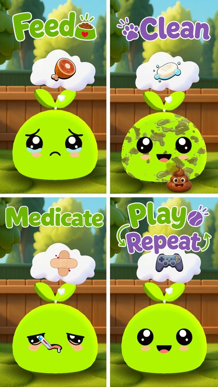 Gooey's daily loop: feed, clean, medicate, play, repeat.