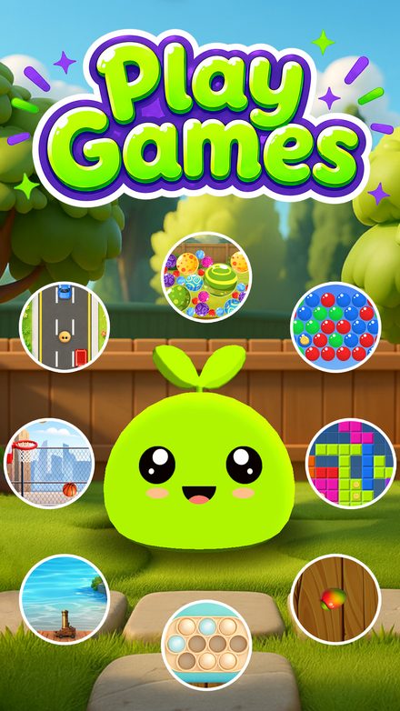 A ring of mini games around Gooey, from block puzzle to basketball.