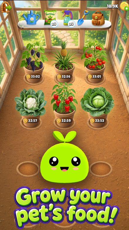 Six pots of grapes, pineapple, tomatoes, cauliflower, peppers and cabbage growing in Gooey's glass greenhouse.