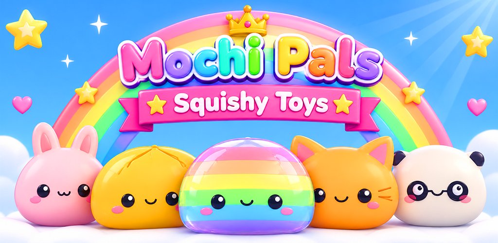 Mochi Pals key art: a pink bunny, a golden dumpling, a see-through rainbow jelly dumpling, an orange kitten and a panda squishy in glasses lined up on clouds under a rainbow and the words Mochi Pals, Squishy Toys.