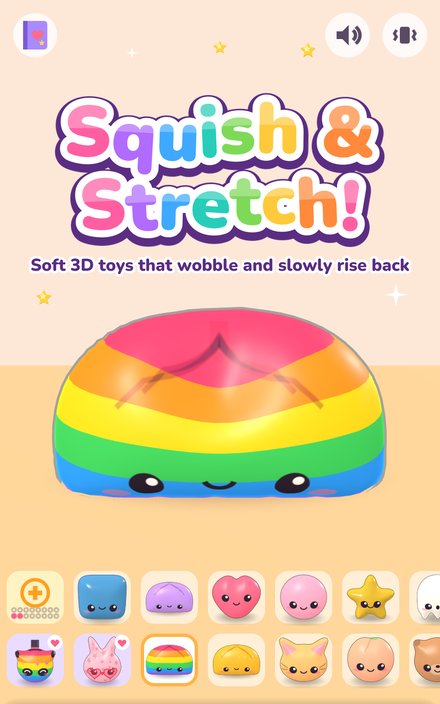 A rainbow dumpling squishy squashed wide and flat with a happy face.