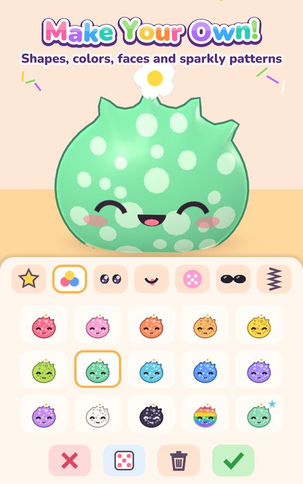 The squishy maker: a mint green spotted squishy with a daisy on top and a grid of color choices.
