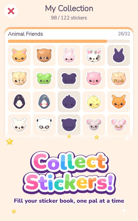 The sticker book: the Animal Friends set with kittens, bunnies, penguins and a panda collected.